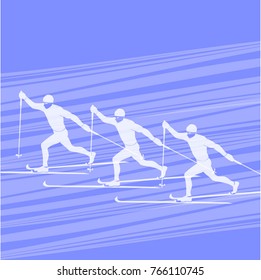 sports men on skis participate in competitions, cross-country skiing, vector illustration