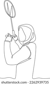 Sports, sports minimalist concept by vector graphic design. A girl playing badminton for routine activity. Black and white design, simple line, sports routine, healthy.