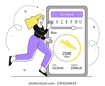 Concepto de esquema de aplicación móvil para deportes. Estilo de vida activo y fitness. Jovencita con contador de pasos y latido de corazón. Ilustración lineal vectorial aislada en fondo blanco