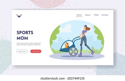 Sports Mom Landing Page Template. Young Roller Woman with Child in Stroller Riding in City Park. Active Mother with Baby Family Characters Enjoying Open Air Ride. Cartoon People Vector Illustration