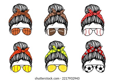 Sports mom messy bun. Women with aviator glasses and bandana. Vector illustration. Isolated on white background. Good for posters, t shirts, postcards.