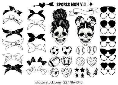 Sports Mom Skeleton Messy Bun bundle, Skeleton Messy bun Set Mother's day design for t-shirt, Skeleton Messy Bun Element. Sports Mom V.4 