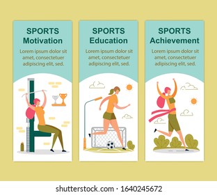 Sports Motivation, Education and Achievement Vertical Banners Set. Sportswoman Exercising in Gym Lifting Weight Training for Competition, Playing Football Running Race Cartoon Flat Vector Illustration