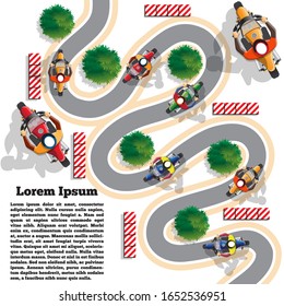 Sports motorcycles on a winding road. View from above. The template for the presentation. Vector illustration.