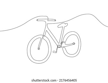 Sports mountain bike one line art. Continuous line drawing of sport, transportation, mountain, fun, roller, hobby, mobile, cycle, riding, fitness, bike, activity, downhill.