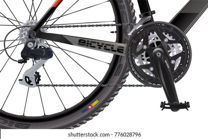 Sports mountain bike. Side view. High quality realistic vector. A set of chain sprockets for a bicycle.