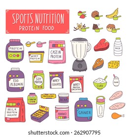 Sports nutrition. Bodybuilding and fitness supplement doodle objects on white background. Protein food. Bodybuilding hand drawn illustration.