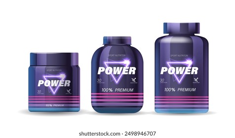 Sports Nutrition Bottles With Striking Power Branding, Vibrant Purple And Pink Design Elements. Energy Supplements