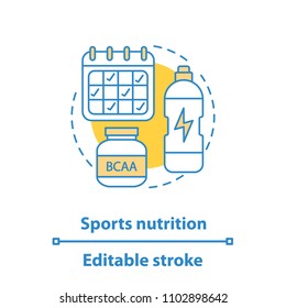 Sports nutrition concept icon. BCAA supplement, schedule, water bottle. Professional sport idea thin line illustration. Vector isolated outline drawing. Editable stroke