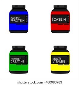 Sports nutrition container icon set. Black plastic whey protein, casein, creatine and multi vitamin. A big tubs for body building