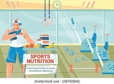 Sports nutrition flat background with athlete drinking protein in gym vector illustration