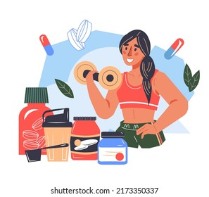 Sports nutrition and healthy eating. Woman exercising with dumbbells to stay fit. Exercise and nutrition program plan, active training flat vector illustration isolated on white background.