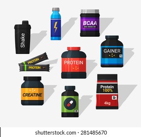 Sports nutrition icons in flat style and long shadow. Detailed flat style