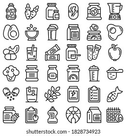 Sports nutrition icons set. Outline set of sports nutrition vector icons for web design isolated on white background