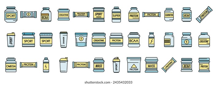 Sports nutrition icons set outline vector. Food energy. Healthy protein color line isolated