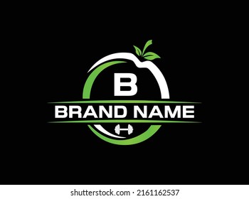 Sports nutrition logo template with letter B. green apple with dumbbell vector design. Fitness nutrition logo