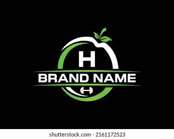 Sports nutrition logo template with letter H. green apple with dumbbell vector design. Fitness nutrition logo