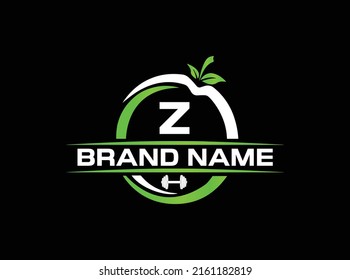 Sports nutrition logo template with letter Z. green apple with dumbbell vector design. Fitness nutrition logo