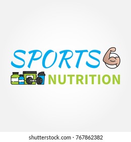 Sports Nutrition with muscular arm vector illustration. Bodybuilding Sport Supplements graphic design. Protein, gainer, shaker dumbbell line art concept.