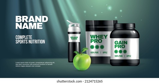 Sports nutrition poster with whey protein and supplements realistic vector illustration