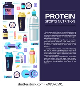 Sports nutrition. Protein, shakers, dumbbell, energy drinks. Vector illustration. Set of design elements.