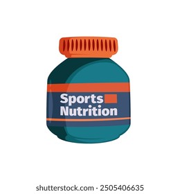 Sports nutrition. Protein supplement. Vitamin supply. Healthy food diet for sportsmen. Feeding for bodybuilding, weightlifting. Flat cartoon vector Illustration isolated on white.