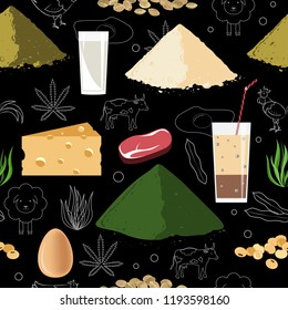 Sports nutrition seamless pattern. Protein food and protein powder.