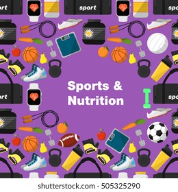 Sports and nutrition seamless pattern, vector illustration in flat style. Different athletic equipments and nutrition supplements around text on purple background.