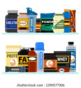 Sports nutrition supplement on shelf. Fitness. Protein shakers energy drinks. Vector illustration healthy food for bodybuilding power background. Athletic powder organic muscle nutritional meal.