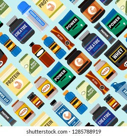 Sports nutrition supplement seamless pattern. Fitness. Protein, shakers energy drinks. Vector illustration healthy food bodybuilding power background.