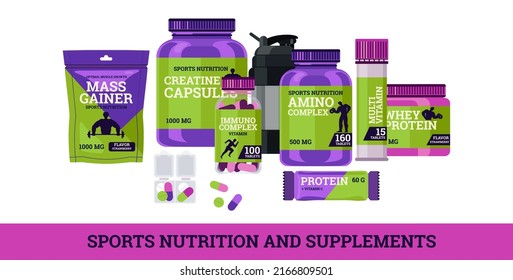 Sports nutrition and supplements in bottles and jars, flat vector illustration isolated on white background. Sports supplements and bodybuilding nutrition complex.