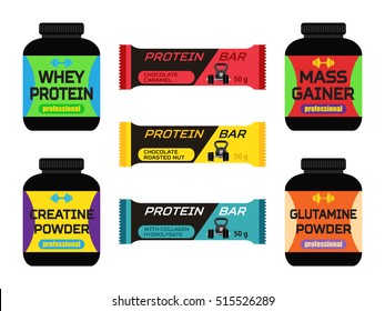 Sports nutrition, supplements, creatine, whey protein, gainer bars, protein bars. Illustration in flat style.