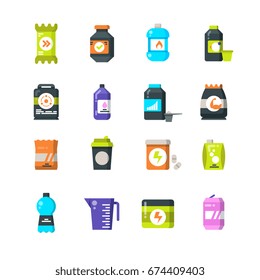 Sports nutrition supplements and protein flat icons. Energy drink and power bar vector symbols. Power energy for fitness and drink for sport illustration