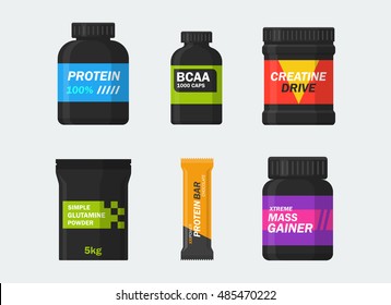 Sports nutrition and supplements vector set isolated from the background. Icons protein, BCAA, creatine, glutamine, gainer and protein bars in a flat style. Symbols bodybuilding.