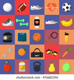 Sports and nutrition vector illustration icons. Athletic equipment, shaker, jump rope, nutrition supplements, fitness tracker bracelet, fruits, dumbbells, sneakers, gloves, etc. Healthy lifestyle