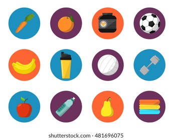 Sports and nutrition vector illustration, icons set. Protein shaker, nutrition container, dumbbell, ball, fruit, sports bottle, towels on white background. Different tools for sport.