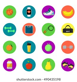 Sports and nutrition vector illustration, round icons set.