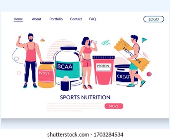 Sports nutrition vector website template, landing page design for website and mobile site development. Fitness and diet with sports food supplements whey protein powder, bar, creatine, bcaa, etc.