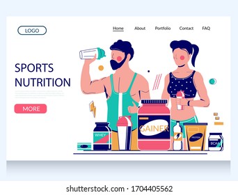 Plantilla del sitio web del vector de nutrición deportiva, diseño de página de inicio para el desarrollo de sitios web y móviles. Gente de fitness bebiendo proteína agitar. Nutrición deportiva, bebidas energéticas.