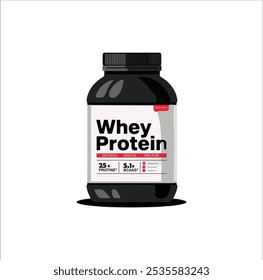 Sports nutrition, whey protein. Black cans with protein. Whey protein or gainer black plastic bottle or jar with cap Vector Icon Illustration.