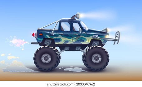 A sports off road pickup truck with large wheels, headlights, a strong bumper, shock absorbers drives . Big green car 4x4 drawing. High detailed vector illustration