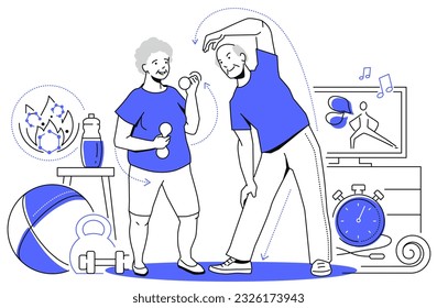 Sports in old age - modern line design style illustration on white background. Composition with man doing exercises and woman making fitness with dumbbells. Healthy lifestyle and gym idea