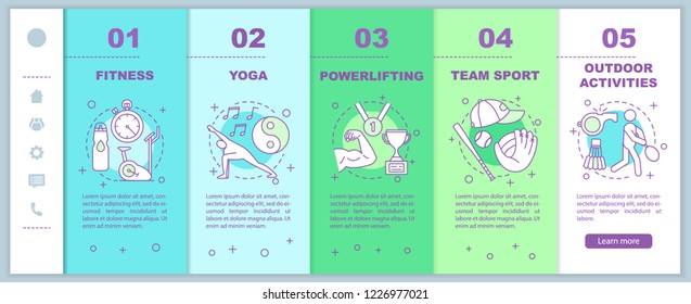 Sports onboarding mobile web pages vector template. Healthy lifestyle. Physical activity. Fitness and wellness. Smartphone website interface with linear illustrations. Webpage walkthrough step screens