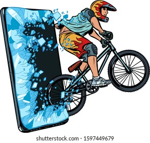 sports online news concept. athlete cyclist in a helmet on a mountain bike. Online Internet application service program. Pop art retro vector illustration drawing vintage kitsch