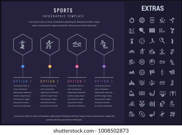 Sports options infographic template, elements and icons. Infograph includes line icon set with sport equipment, sports field, competitive games, pedestal, leisure activities, training exercise etc.