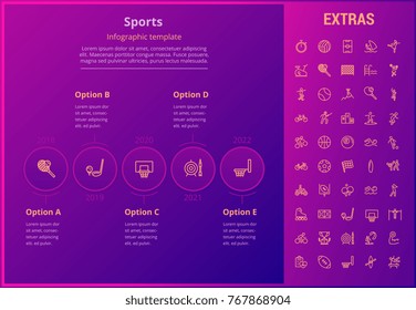 Sports options infographic template, elements and icons. Infograph includes line icon set with sport equipment, sports field, competitive games, pedestal, leisure activities, training exercise etc.