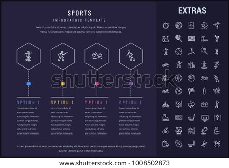 Sports options infographic template, elements and icons. Infograph includes line icon set with sport equipment, sports field, competitive games, pedestal, leisure activities, training exercise etc.