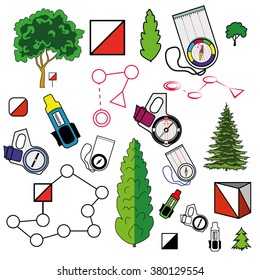 Sports orienteering icons set of elements: control points, compasses, punching cards, plants. Flat. Modern clear vector illustration. Isolated on white background. Orienteering, navigation equipment