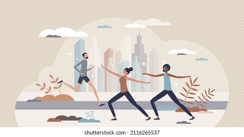 Sports outdoor as active urban lifestyle activities tiny person concept. Fitness in park and healthy activity in city park for wellness and vitality vector illustration. Yoga stretching and running.