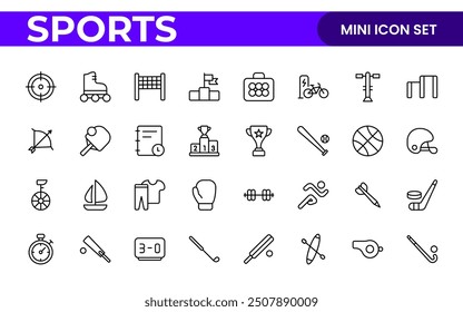Sports and outdoor activities line icon set. Outline icon collection related to outdoor sports.